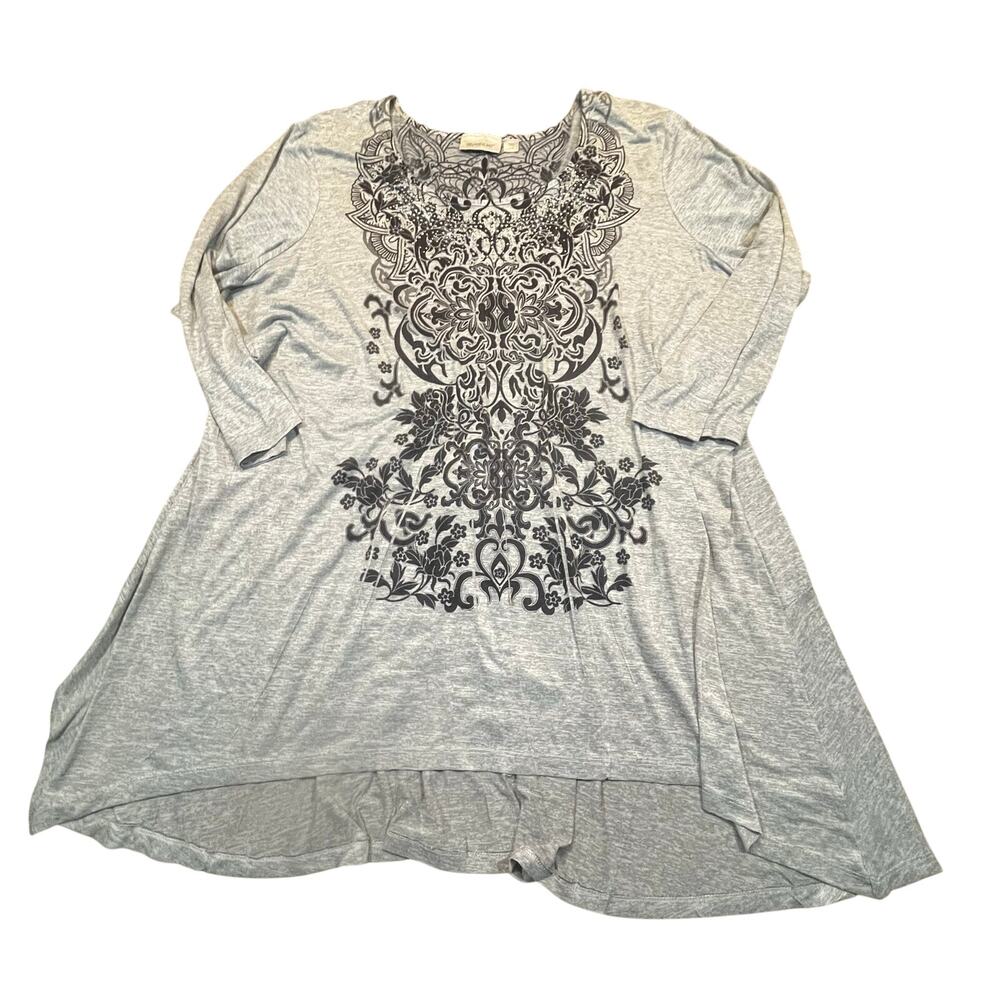 Avenue Womens Plus Size 26/28 Gray Tunic Top Embellished Rhinestone 3/4 Sleeve